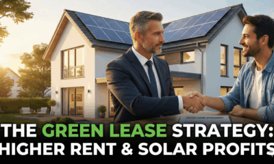 Landlord and tenant shaking hands over a green lease rental agreement document in front of a modern home with rooftop solar panels at golden hour, with text overlay "THE GREEN LEASE STRATEGY: HIGHER RENT & SOLAR PROFITS".