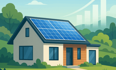 Modern house with solar panels in a green landscape, overlaid with a rising bar chart symbolizing energy-driven financial growth.